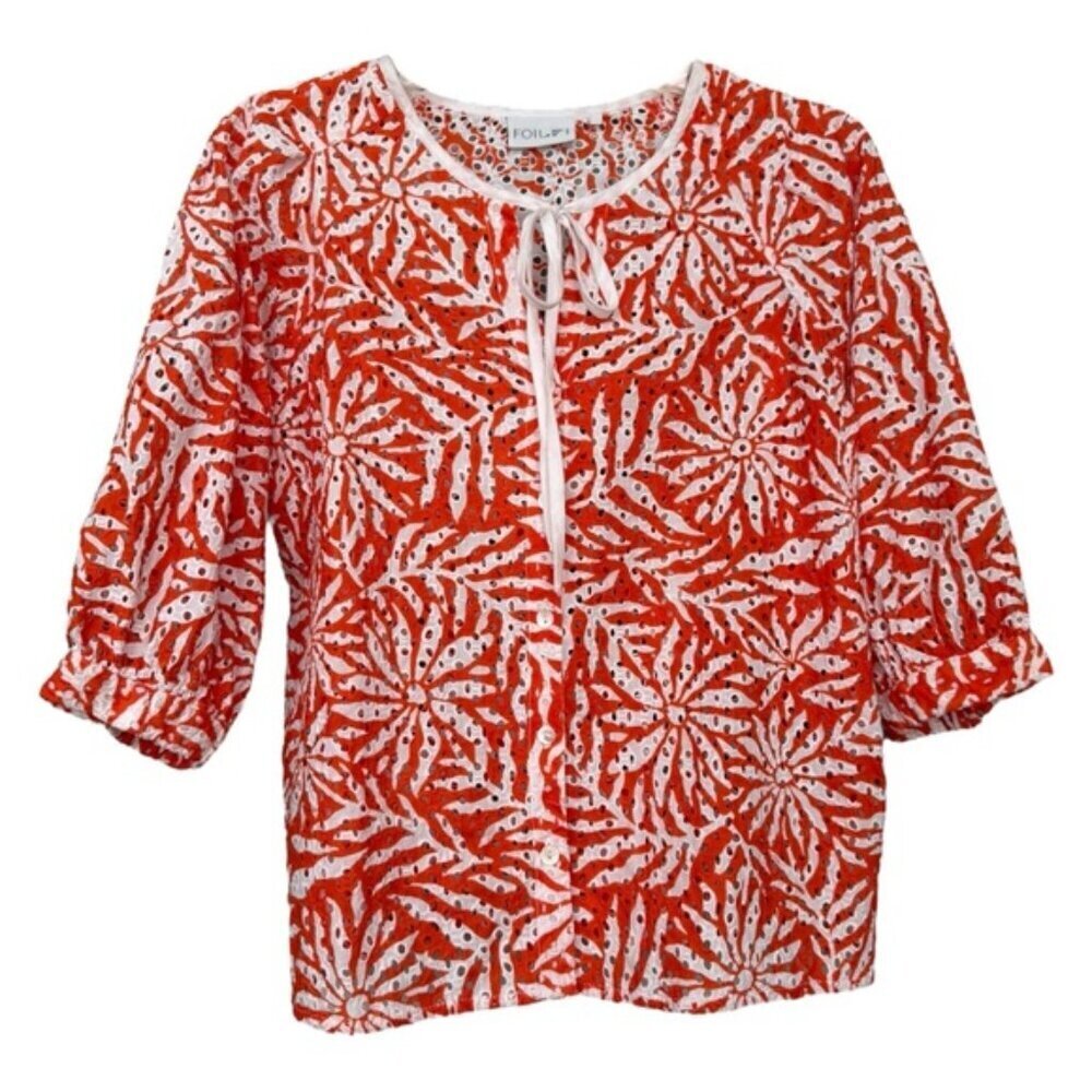 FOIL Tropical Perforated Eyelet Blouse Size 4 Orange White Cotton